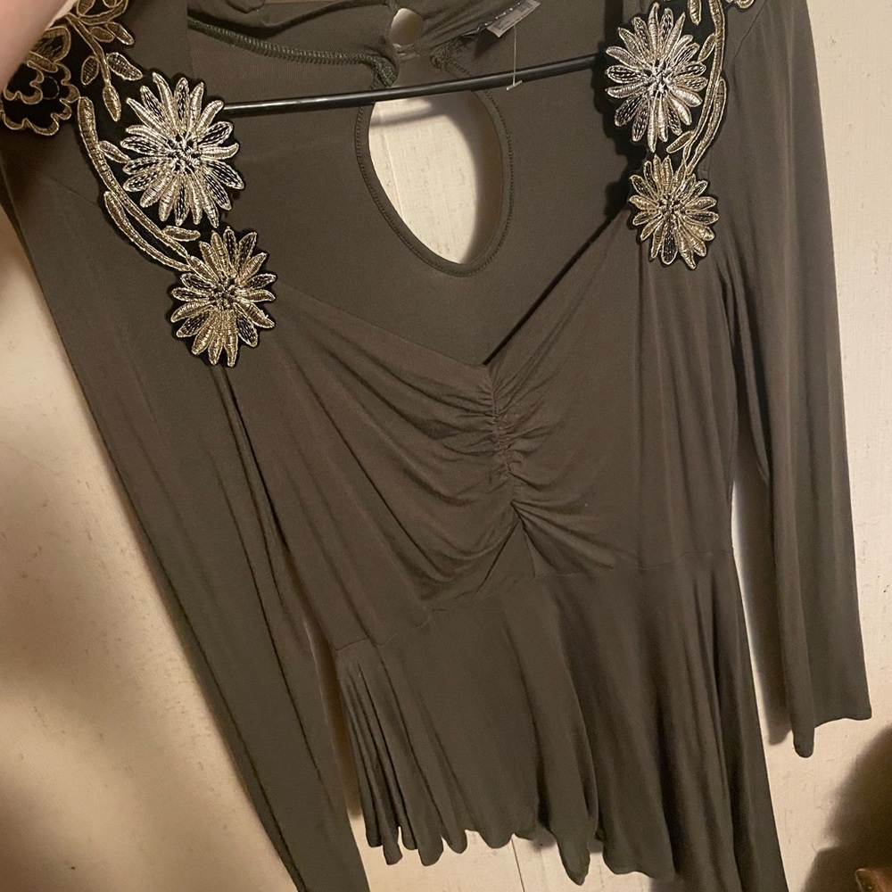 VENUS Olive Blouse with Gold Floral Accents
